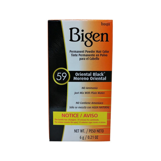 Product label for Bigen Permanent Powder Hair Colour #59 Oriental Black (6 grams) in English and Spanish