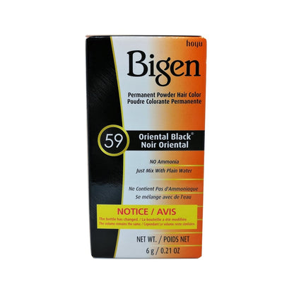 Product label for Bigen Permanent Powder Hair Colour #59 Oriental Black (6 grams) in English and French