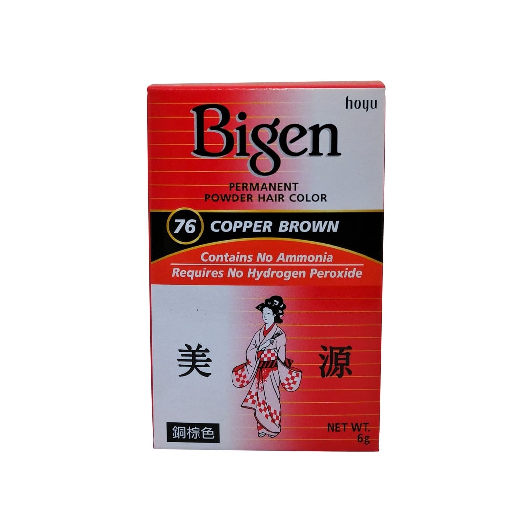 Product label for Bigen Permanent Powder Hair Colour #76 Copper Brown (6 grams) in English