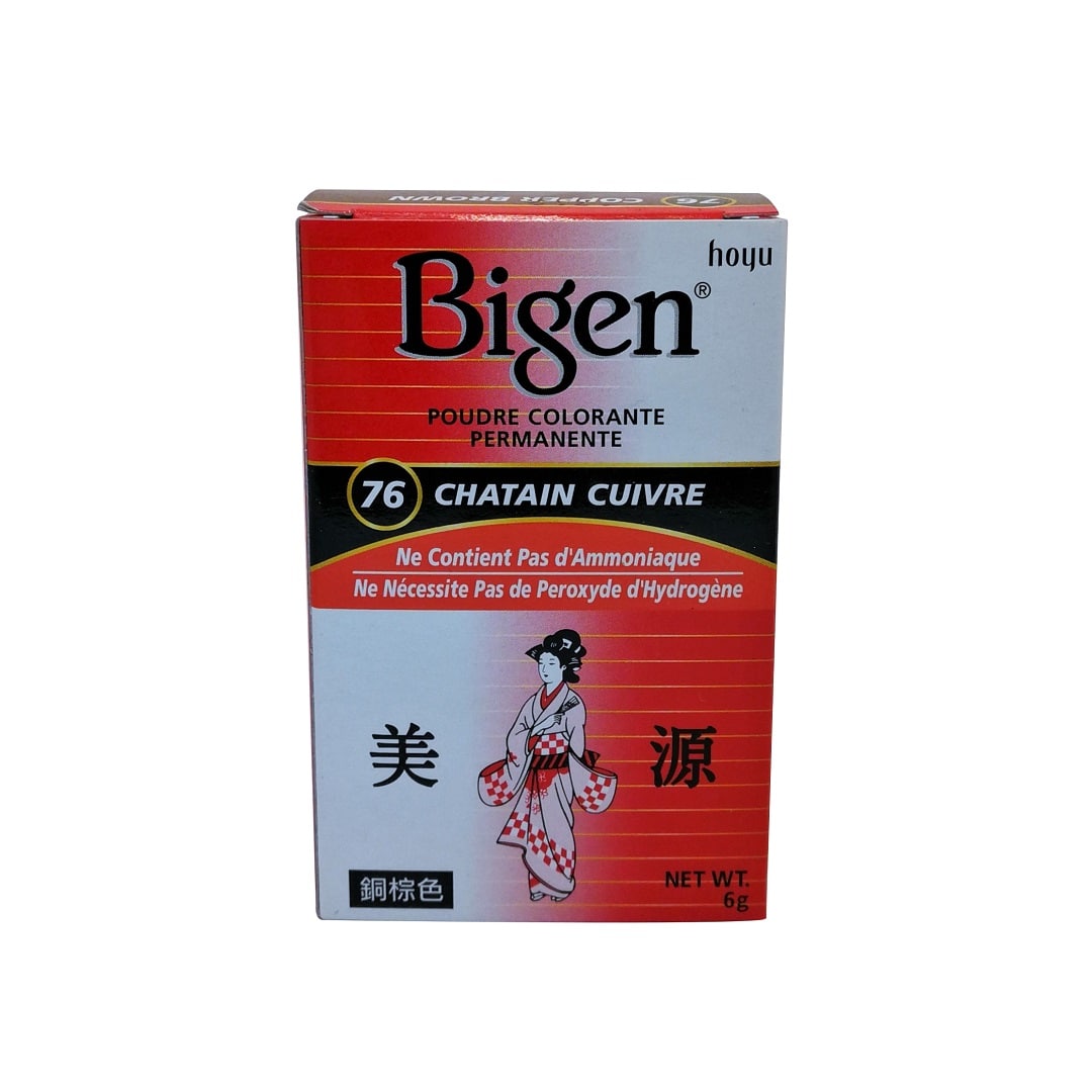 Product label for Bigen Permanent Powder Hair Colour #76 Copper Brown (6 grams) in French