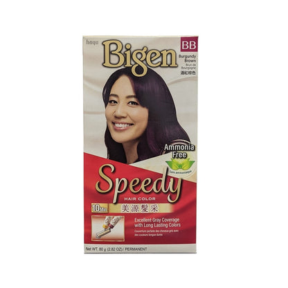 Product label for Bigen Speedy Hair Color Burgundy Brown (BB) (80 grams)