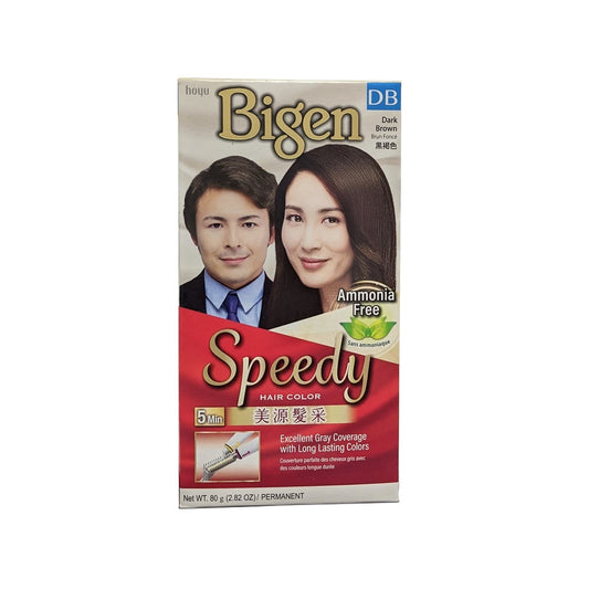 Product label for Bigen Speedy Hair Color Dark Brown (DB) (80 grams)