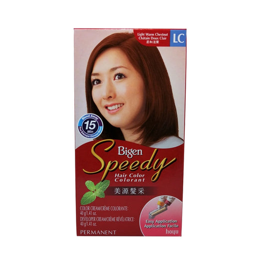 Product label for Bigen Speedy Hair Color Light Warm Chestnut (LC) (40 grams)