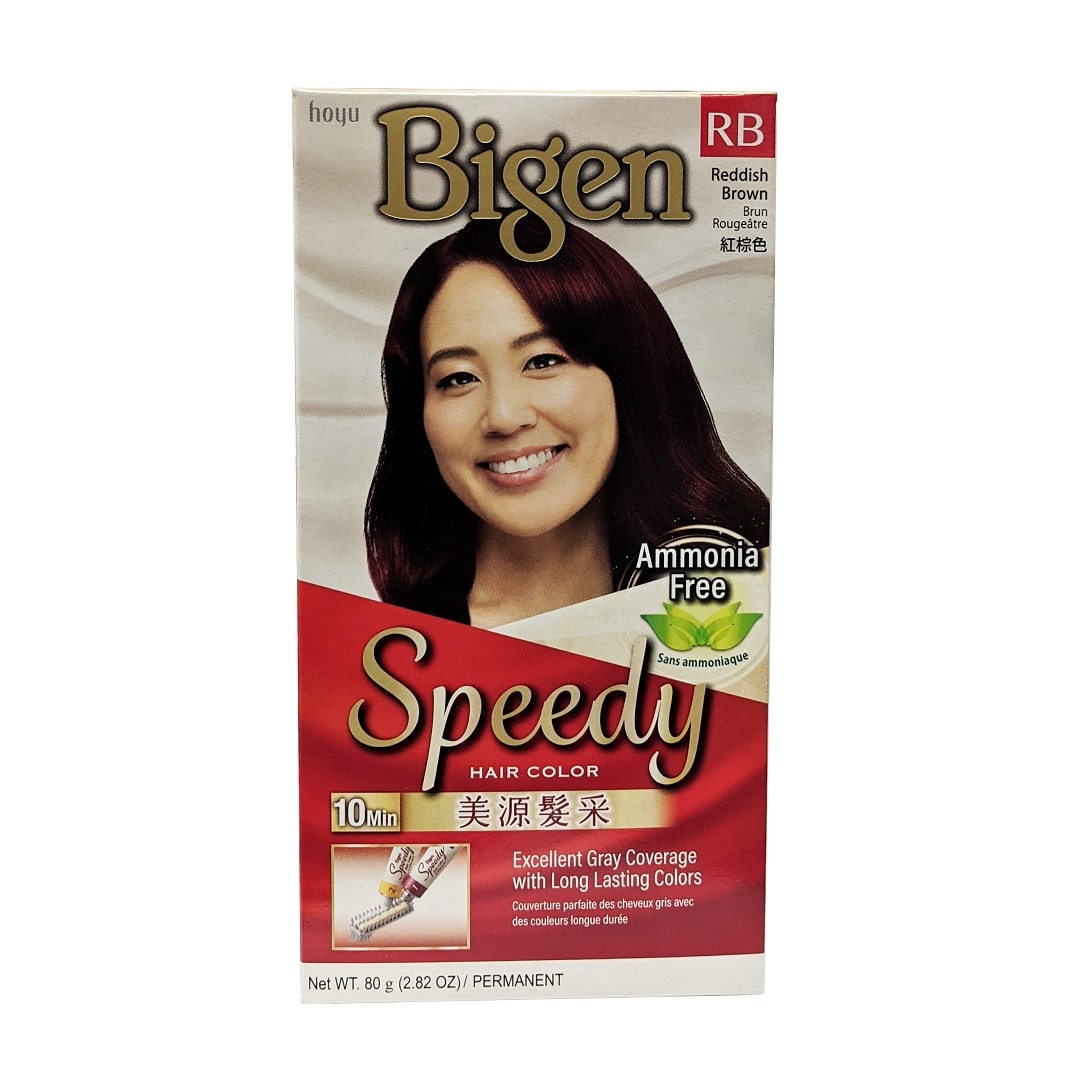 Product label for Bigen Speedy Hair Color Reddish Brown (RB) (80 grams)