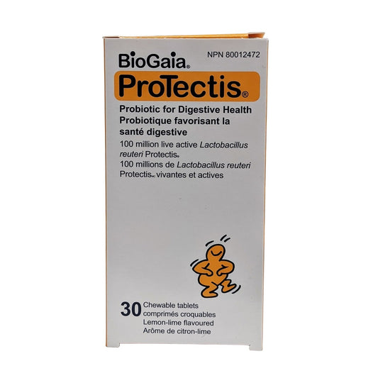 Product label for BioGaia ProTectis Probiotic Chewable Tablets (30 tablets)
