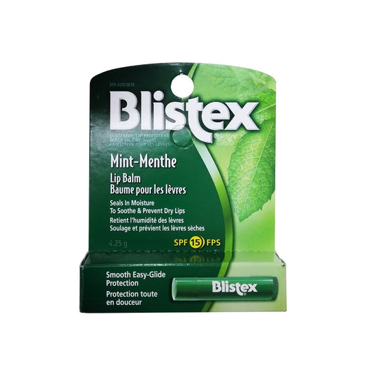 Product label for Blistex Lip Balm SPF 15 Mint (4.25 grams)