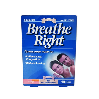 Product label for Breathe Right Tan Coloured Nasal Strips (Large) (10 strips) in English
