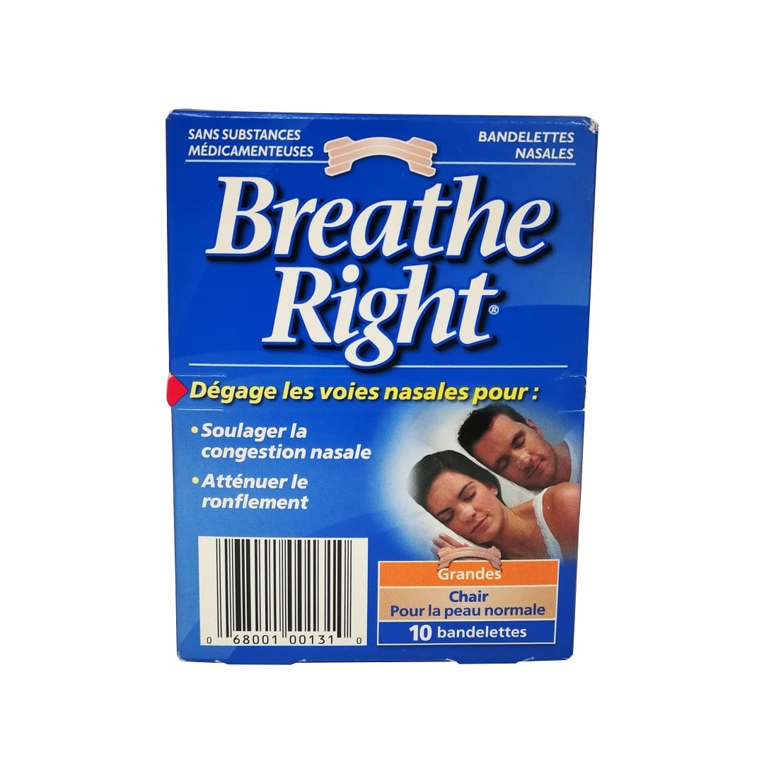 Product label for Breathe Right Tan Coloured Nasal Strips (Large) (10 strips) in French