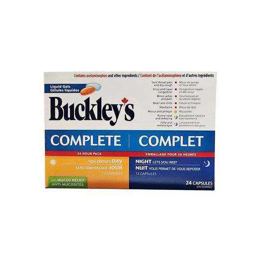 Product label for Buckley's Complete 24 Hour Pack Day & Night Liquid Gels (24 capsules)