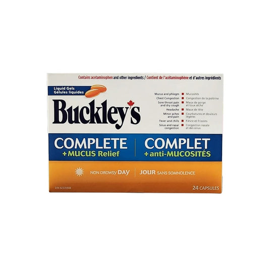 Product label for Buckley's Complete Daytime Softgels (24 capsules)