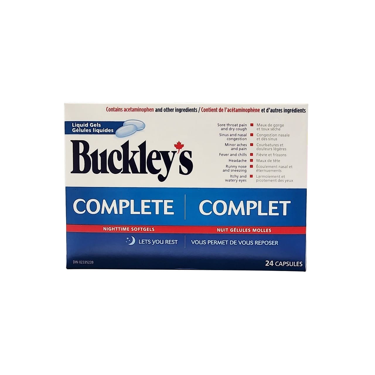 Product label for Buckley's Complete Nighttime Softgels (24 capsules)