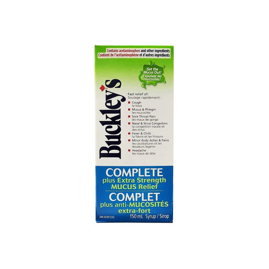 Product label for Buckley's Complete Syrup with Extra Strength Mucus Relief (150 mL)