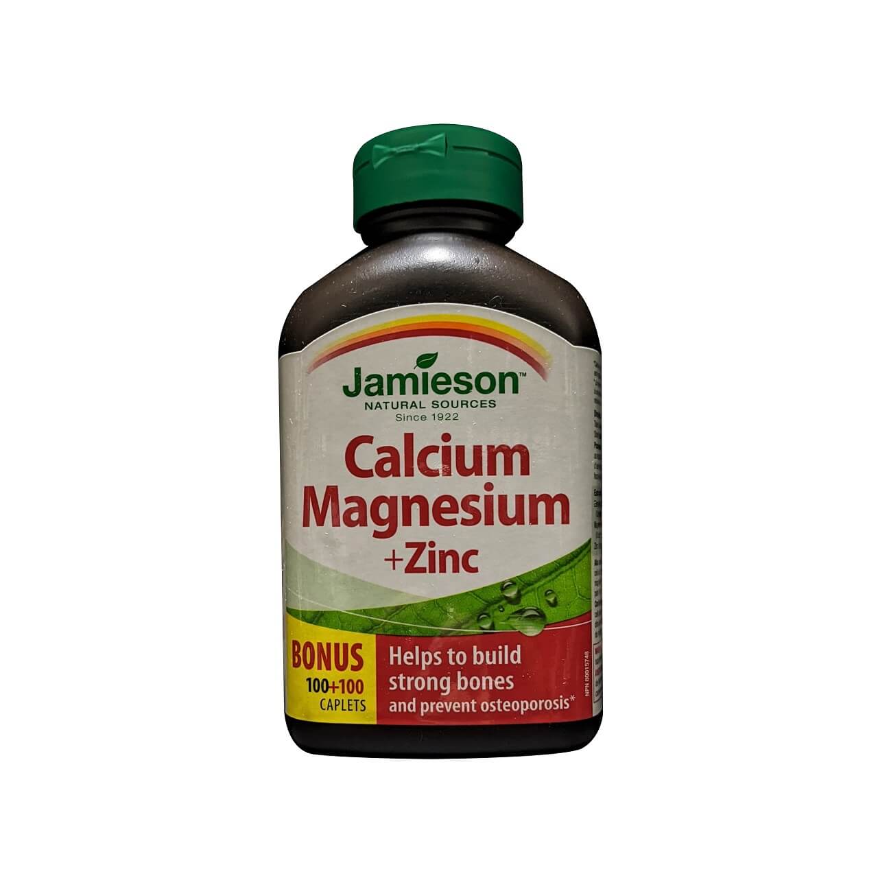 Product label for Jamieson Calcium Magnesium and Zinc (200 caplets) (100 caplet bonus) in English