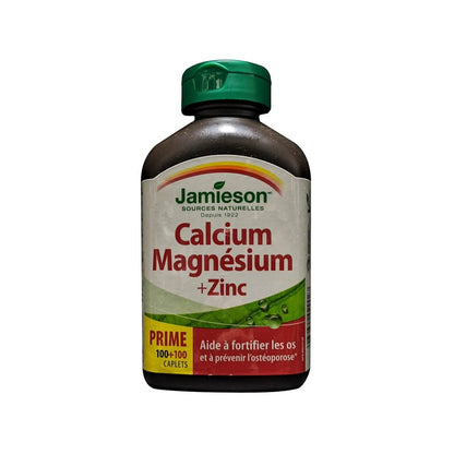 Product label for Jamieson Calcium Magnesium and Zinc (200 caplets) (100 caplet bonus) in French