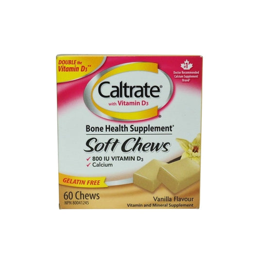 Product label for Caltrate Calcium + Vitamin D3 Soft Chews (Vanilla Flavour) (60 chews) in English