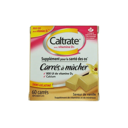 Product label for Caltrate Calcium + Vitamin D3 Soft Chews (Vanilla Flavour) (60 chews) in French