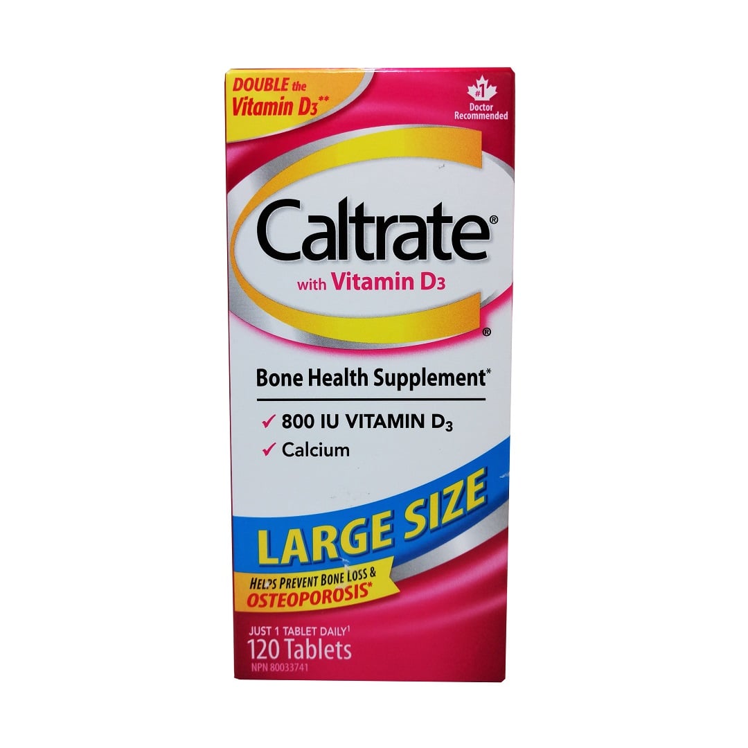 Product label for Caltrate Calcium + Vitamin D3 120 tabs in English