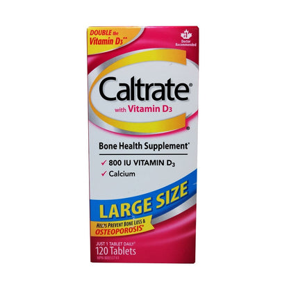 Product label for Caltrate Calcium + Vitamin D3 120 tabs in English