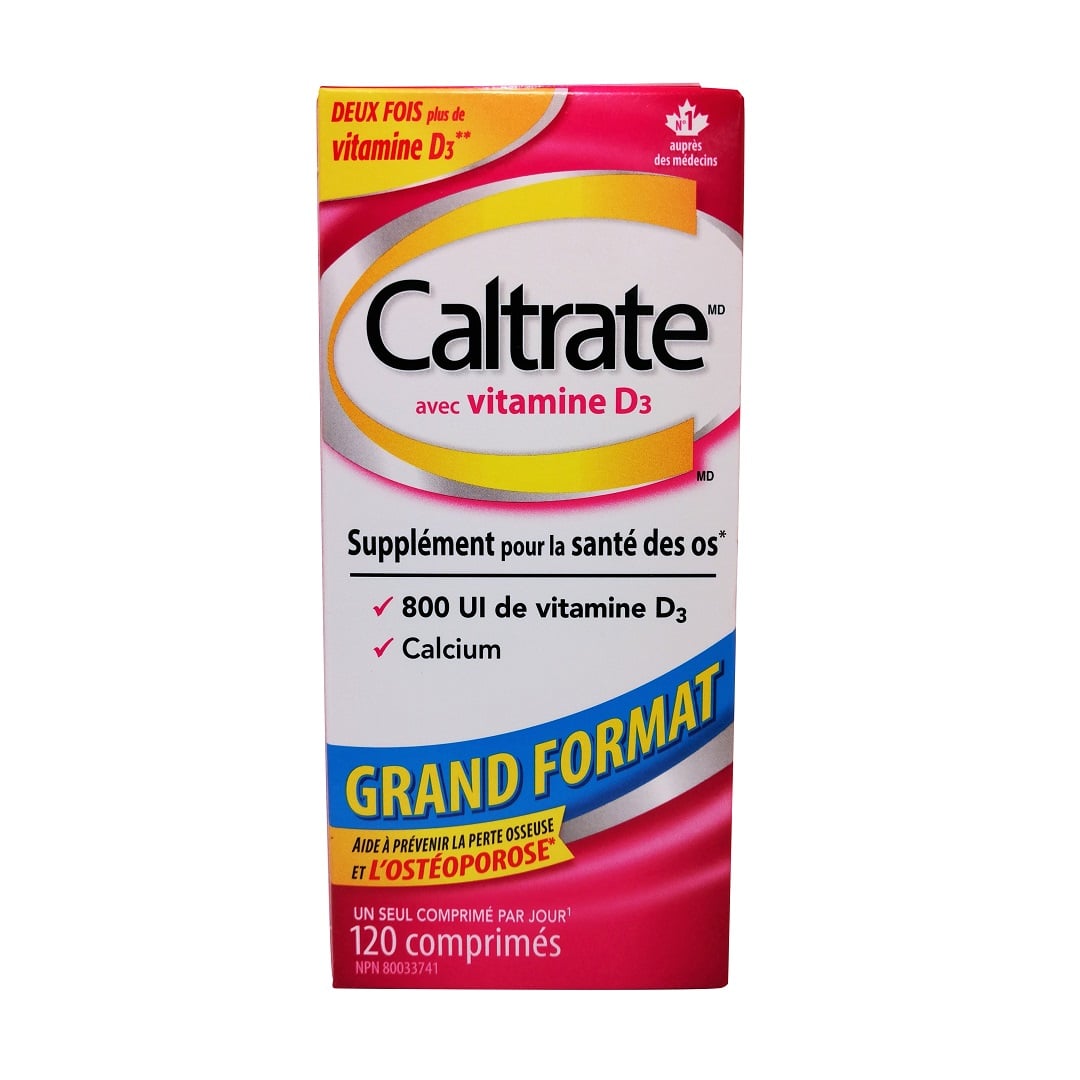 Product label for Caltrate Calcium + Vitamin D3 120 tabs in French