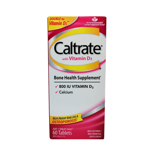 Product label for Caltrate Calcium + Vitamin D3 60 tabs in English