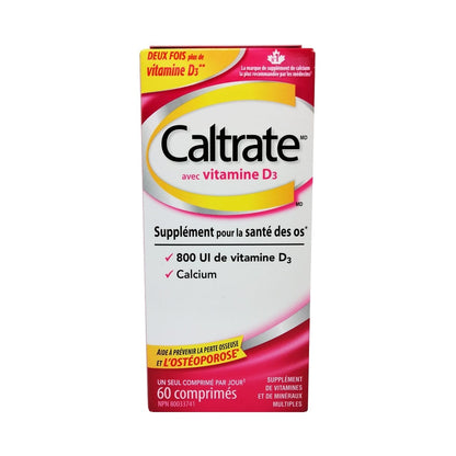 Product label for Caltrate Calcium + Vitamin D3 60 tabs in French