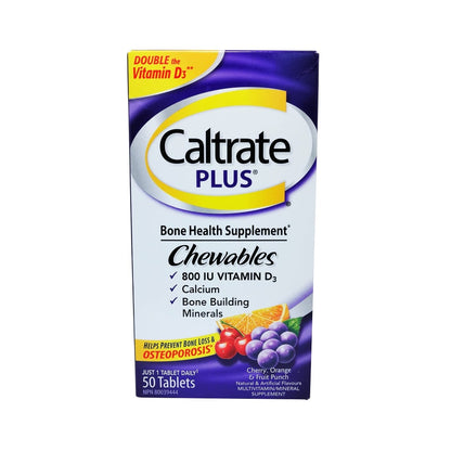Product label for Caltrate Plus Calcium + Vitamin D3 Chewables Assorted Fruit Flavours (50 chewable tablets) in English