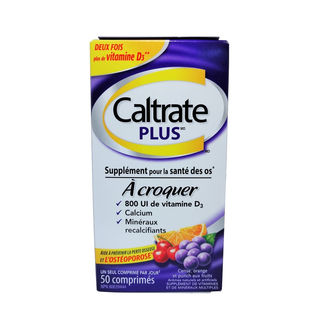 Product label for Caltrate Plus Calcium + Vitamin D3 Chewables Assorted Fruit Flavours (50 chewable tablets) in French