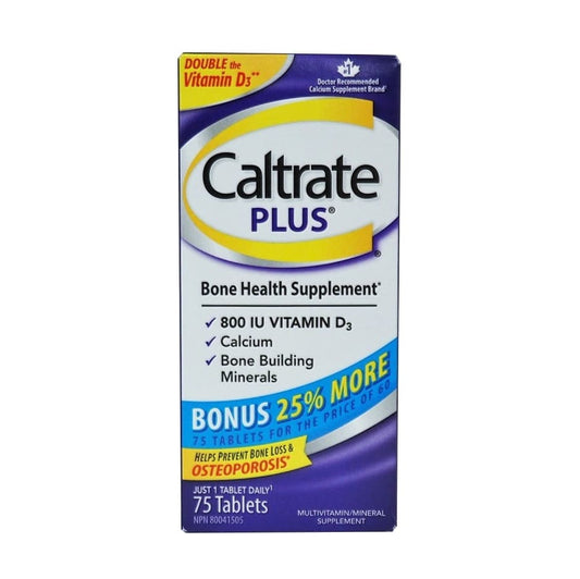 Product label for Caltrate Plus Calcium + Vitamin D3 75 tabs in English