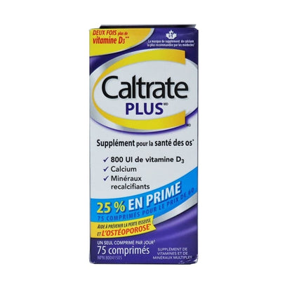 Product label for Caltrate Plus Calcium + Vitamin D3 75 tabs in French