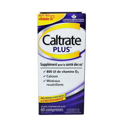 Product label for Caltrate Plus Calcium + Vitamin D3 60 tabs in French
