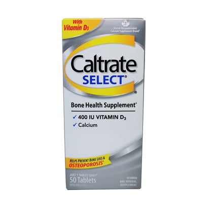 Product label for Caltrate Select Calcium + Vitamin D3 (50 tablets) in English