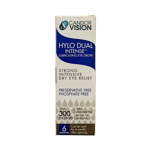 Product label for CandorVision Hylo-Dual Intense Lubricating Eye Drops (10 mL) in English