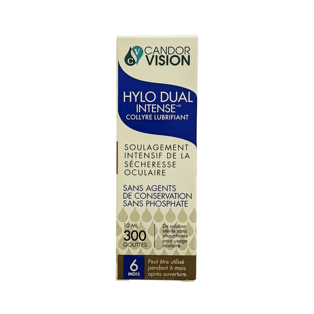 Product label for CandorVision Hylo-Dual Intense Lubricating Eye Drops (10 mL) in French
