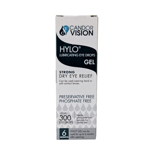 Product label for CandorVision Hylo Lubricating Eye Drops Gel (10 mL) in English