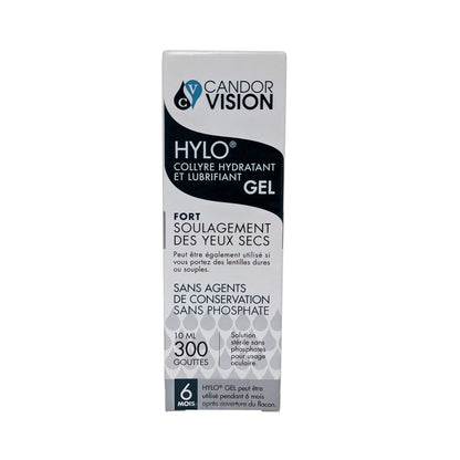 Product label for CandorVision Hylo Lubricating Eye Drops Gel (10 mL) in French