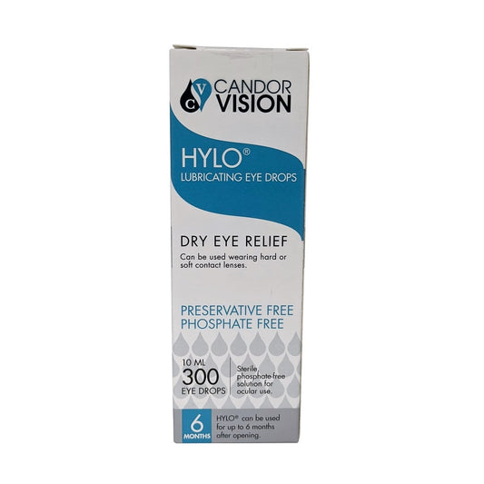 Product label for CandorVision Hylo Lubricating Eye Drops (10 mL) in English