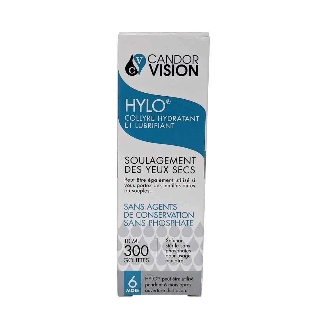 Product label for CandorVision Hylo Lubricating Eye Drops (10 mL) in French