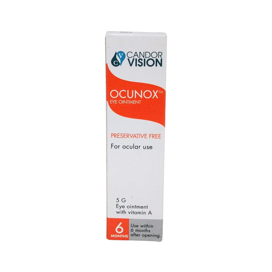 Product label for CandorVision Ocunox Eye Ointment (5 grams) in English