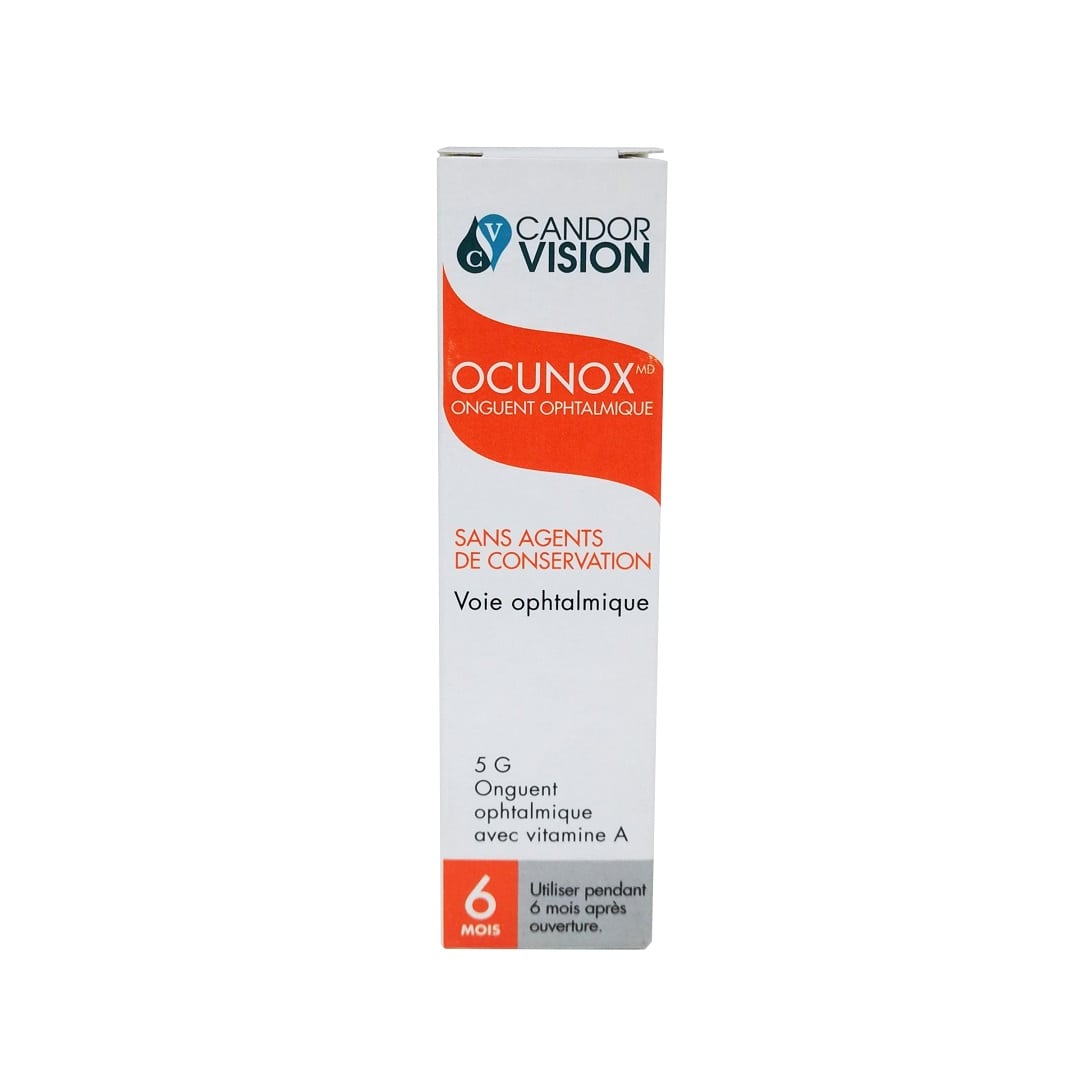 Product label for CandorVision Ocunox Eye Ointment (5 grams) in French