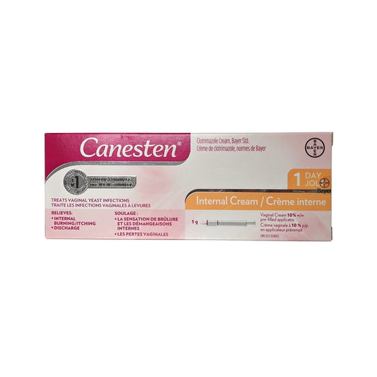 Product label for Canesten 1 Day Vaginal Cream (5 grams)