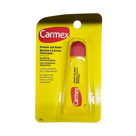 Product label for Carmex Squeeze Tube Balm (10 grams)