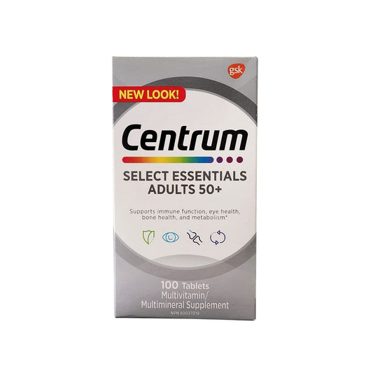 Product label for Centrum Select Essentials for Adults 50+ (100 tablets) in English
