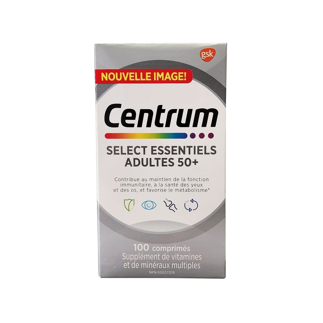 Product label for Centrum Select Essentials for Adults 50+ (100 tablets) in French