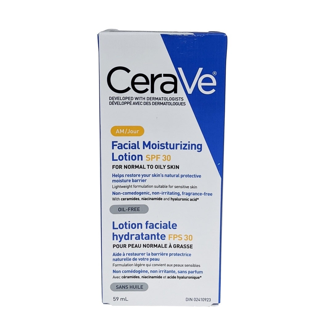 Product label for CeraVe Facial AM Moisturizing Lotion SPF30 for Normal to Oily Skin (59mL)