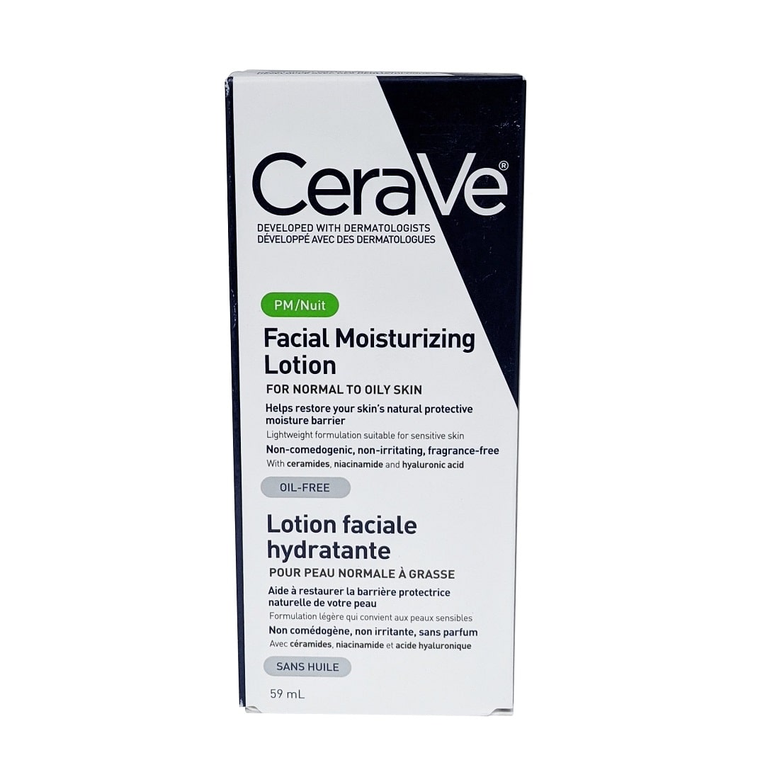Product label for CeraVe Facial PM Moisturizing Lotion for Normal to Oily Skin (59mL)