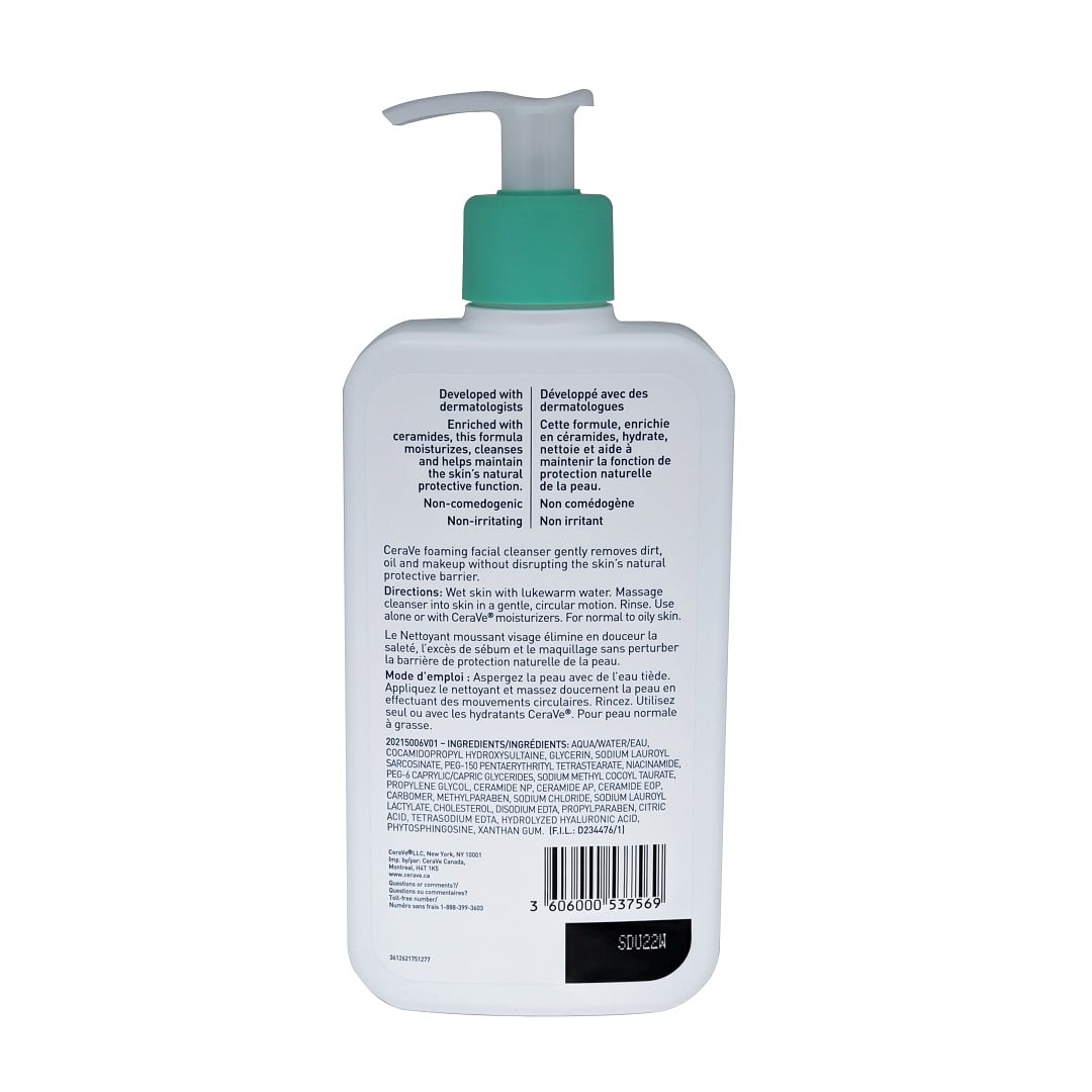 Description, directions, and ingredients for CeraVe Foaming Facial Cleanser (355 mL)