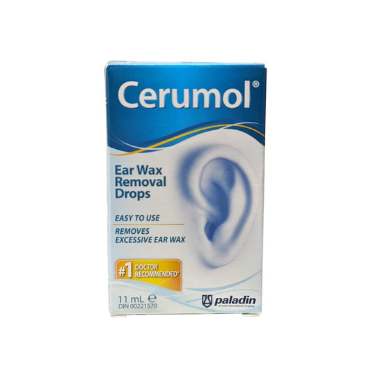 Product label for Cerumol Ear Wax Removal Drops (11 mL) in English