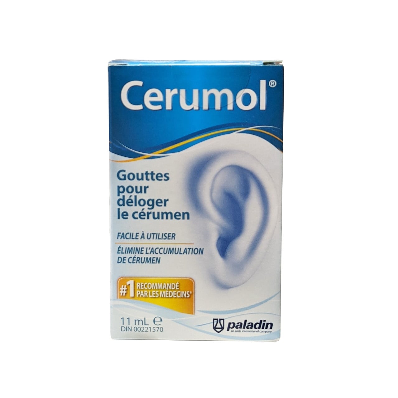 Product label for Cerumol Ear Wax Removal Drops (11 mL) in French