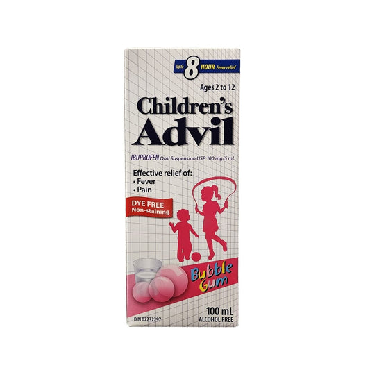 Product label for Children's Advil Ibuprofen Fever and Pain Bubble Gum Flavour (Ages 2-12) (100 mL) in English