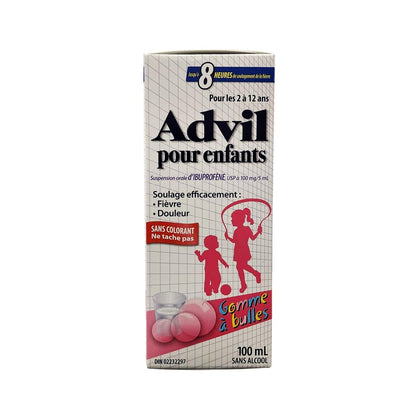 Product label for Children's Advil Ibuprofen Fever and Pain Bubble Gum Flavour (Ages 2-12) (100 mL) in French